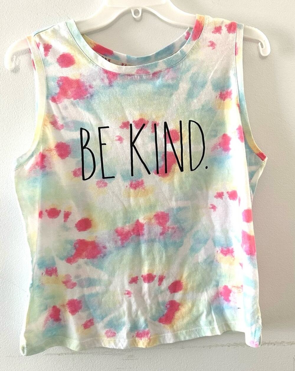 Rae Dunn Top Women's Medium Rainbow Tie Dye Tank Be Kind Sleeveless Crewneck